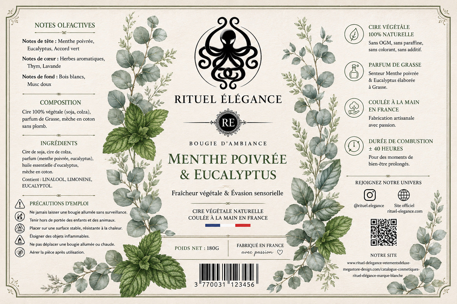 Bougie d’ambiance – Rituel élégance Menthe poivrée & Eucalyptus 100%bio lot de 20