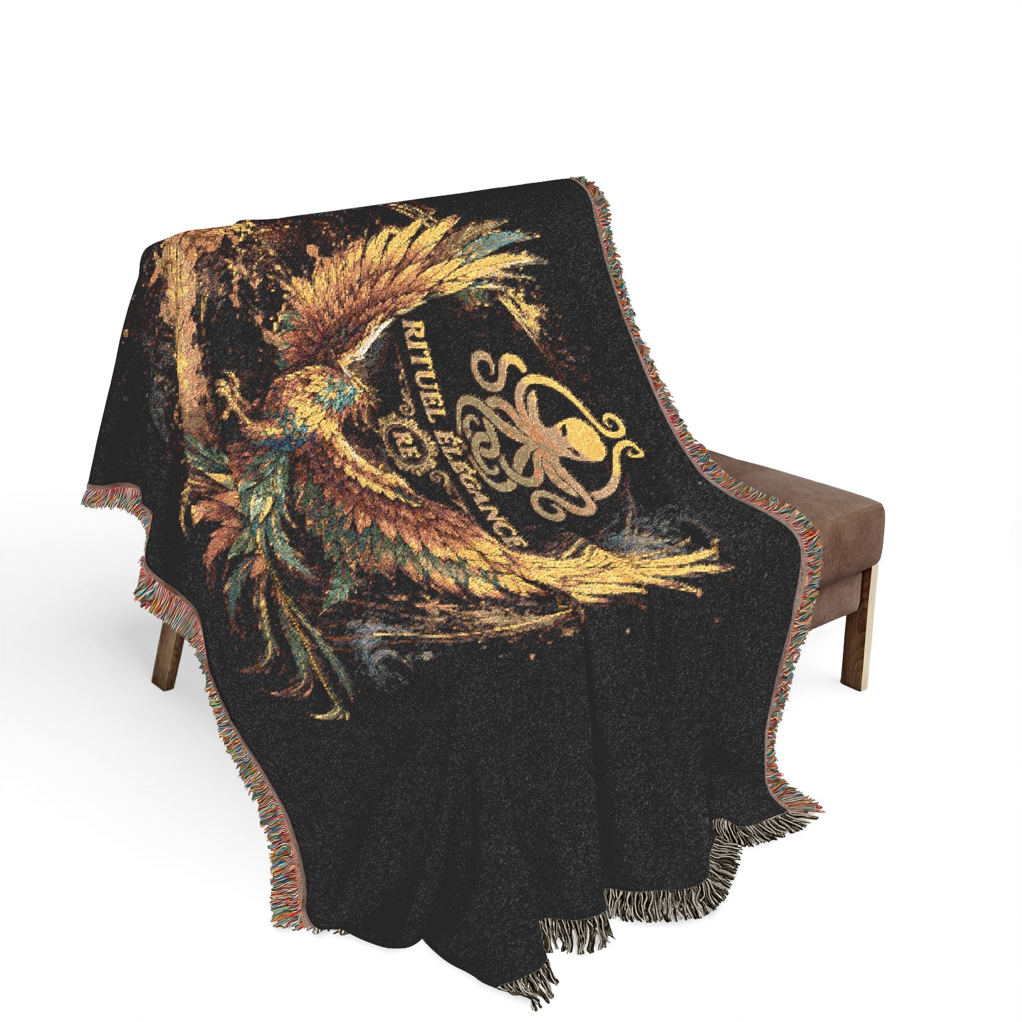 Phoenix Emblem Rituel élégance Woven Blanket — Vintage Gold & Jewel-Tone Tribal Throw
