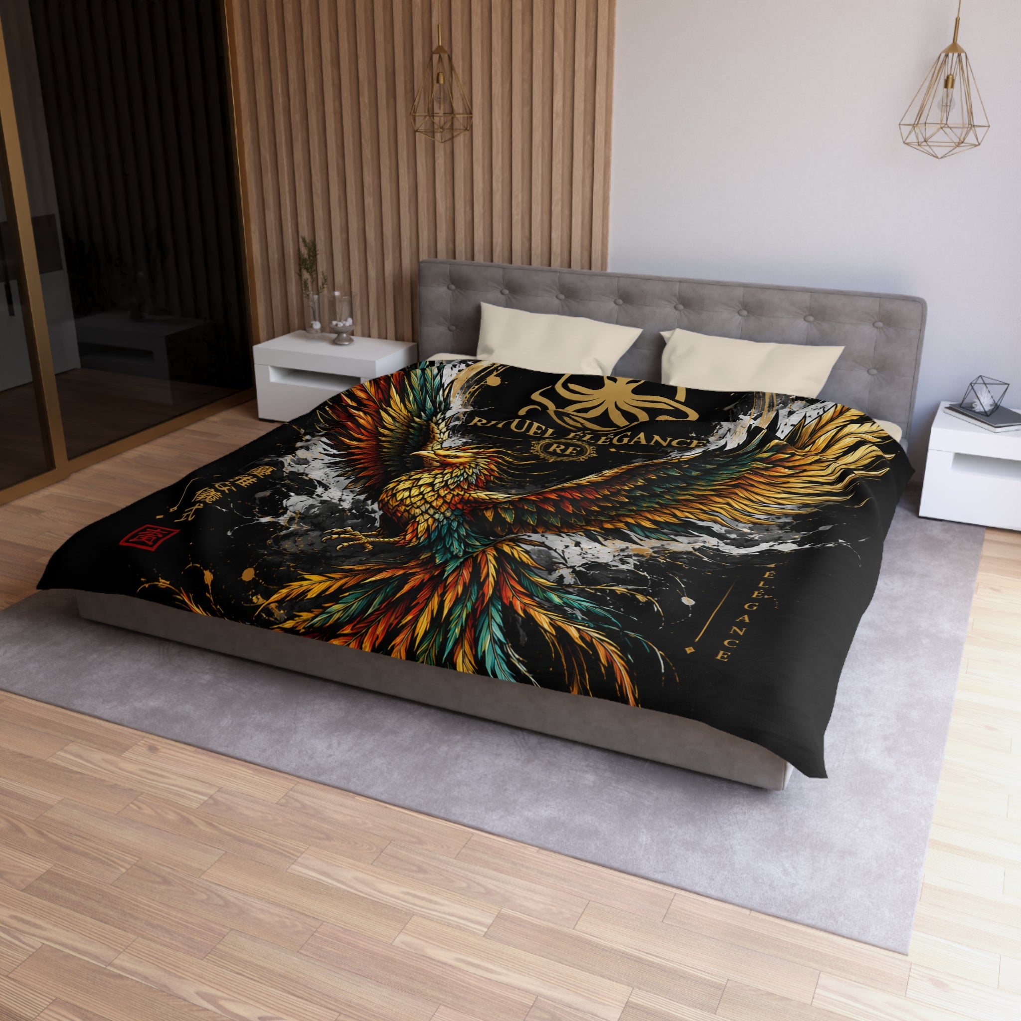 Phoenix Duvet Cover — Ritual Élegance Gold & Flame Microfiber Bedding