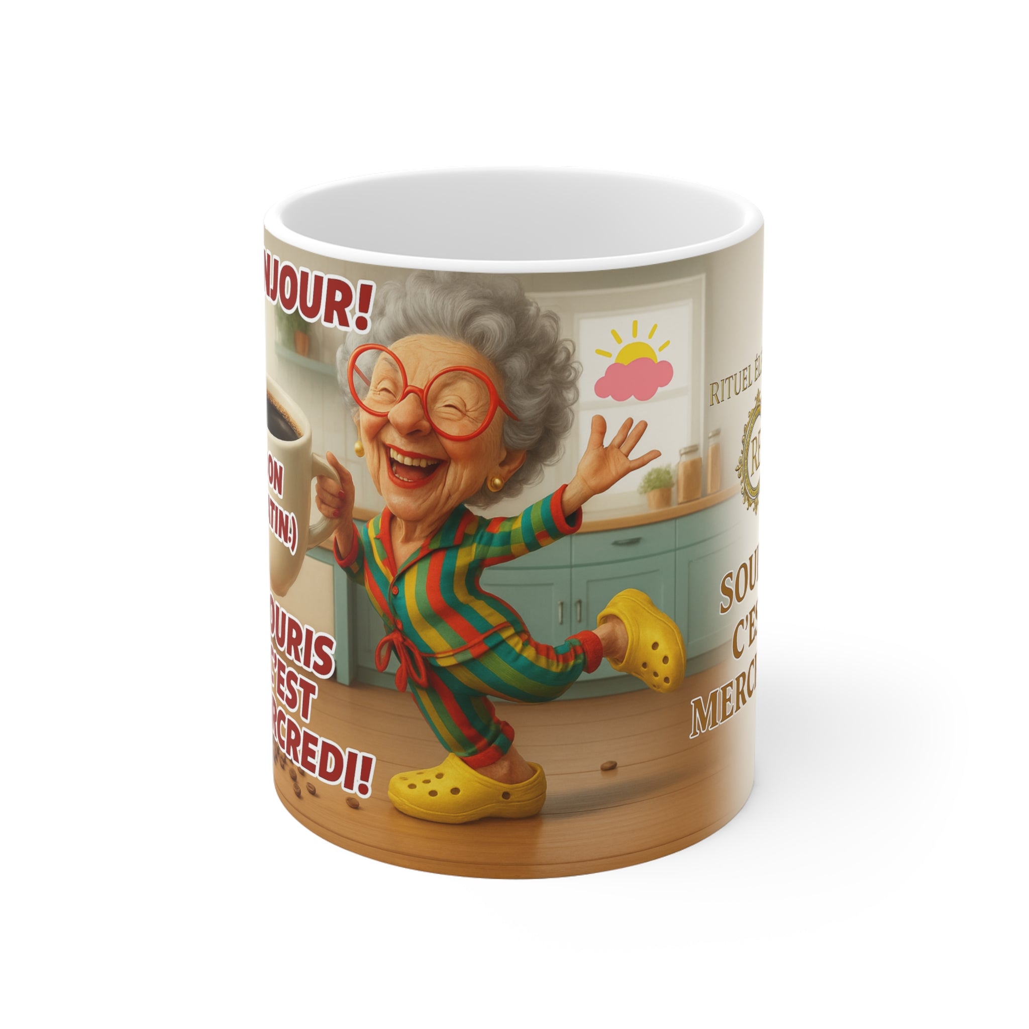 Funny French Ceramic Mug – “Souris C’est Mercredi” Coffee Cup