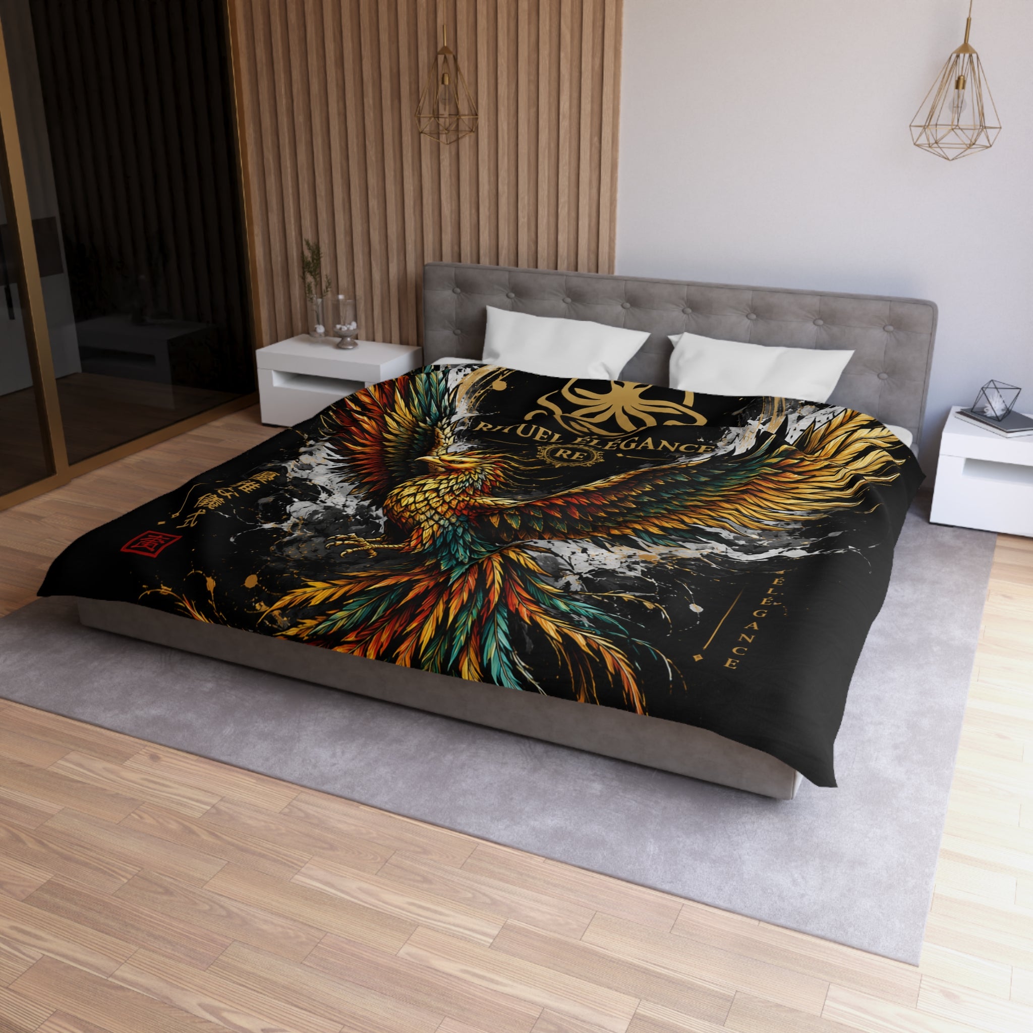 Phoenix Duvet Cover — Ritual Élegance Gold & Flame Microfiber Bedding
