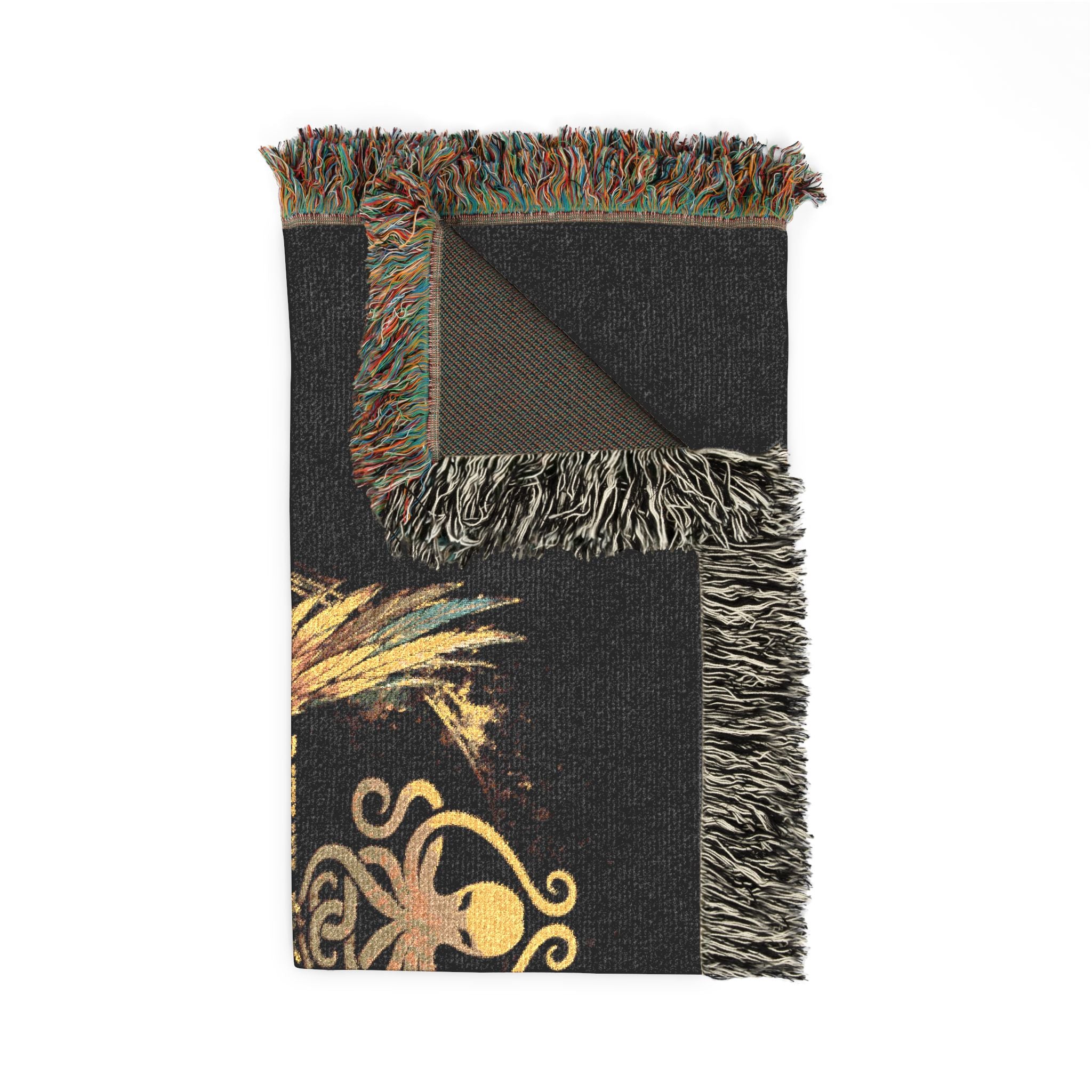 Phoenix Emblem Rituel élégance Woven Blanket — Vintage Gold & Jewel-Tone Tribal Throw