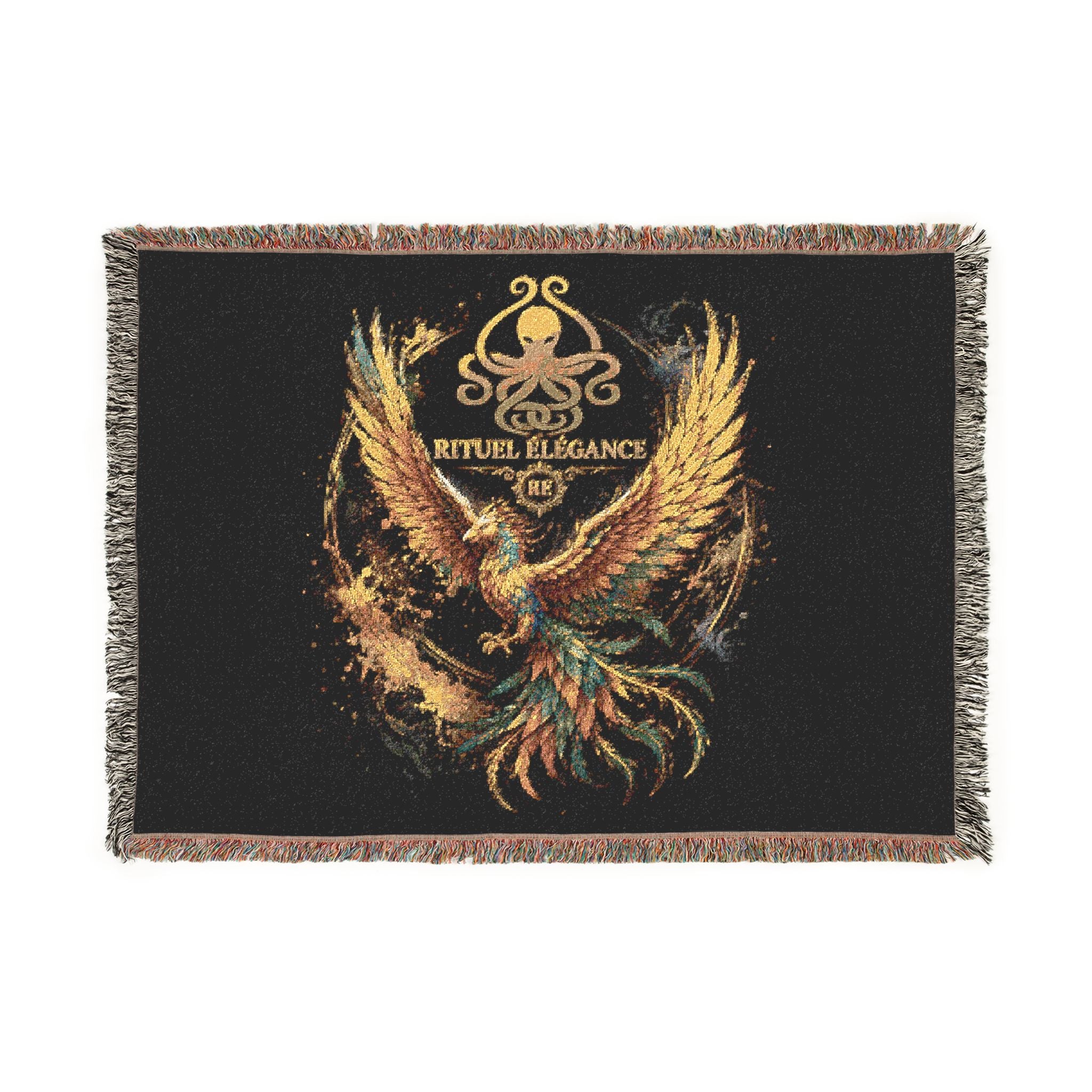 Phoenix Emblem Rituel élégance Woven Blanket — Vintage Gold & Jewel-Tone Tribal Throw