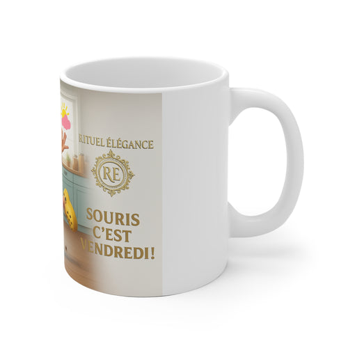 Ceramic Mug. — "Souris c'est Vendredi!" Funny Retro Grandma Coffee Cup