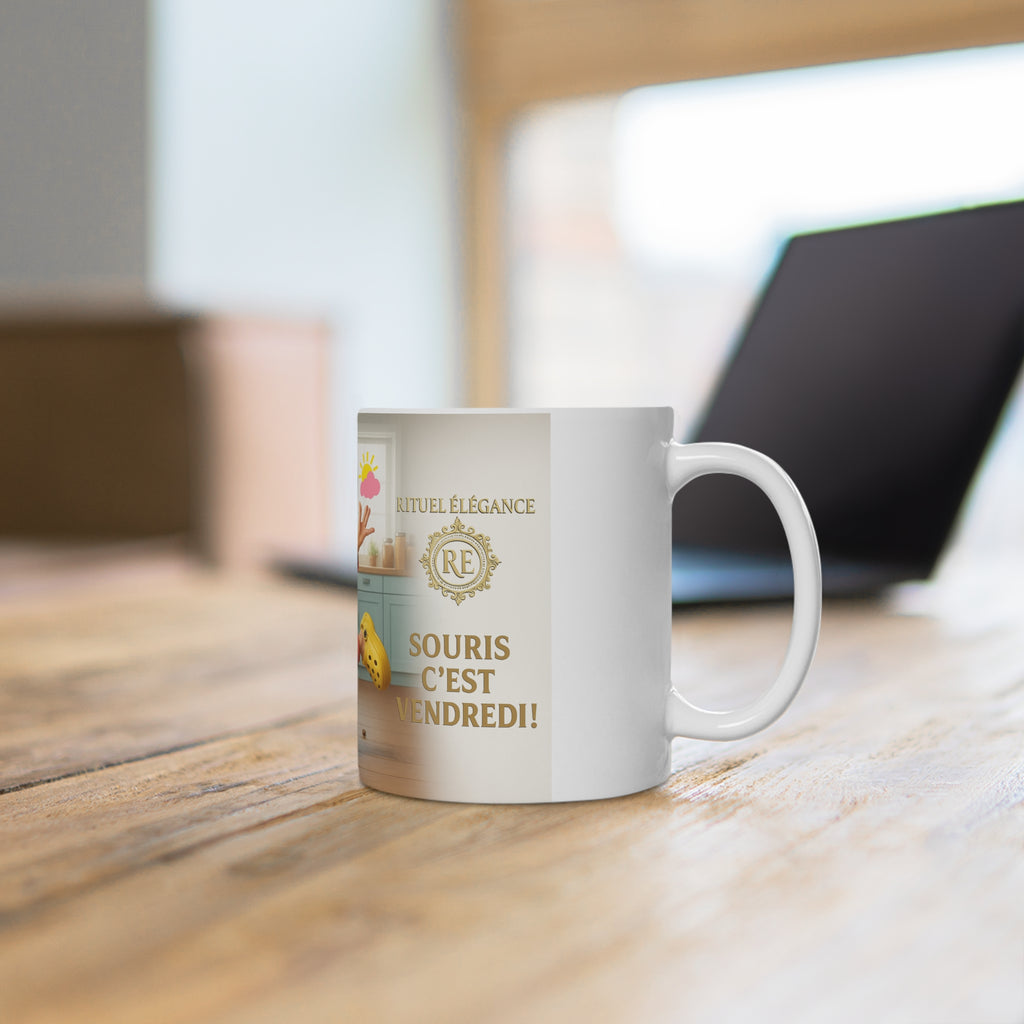 Ceramic Mug. — "Souris c'est Vendredi!" Funny Retro Grandma Coffee Cup