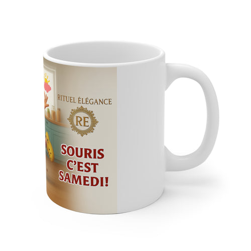 Ceramic Mug — Funny French 'Souris C'est Samedi!' Grandma Coffee Mug