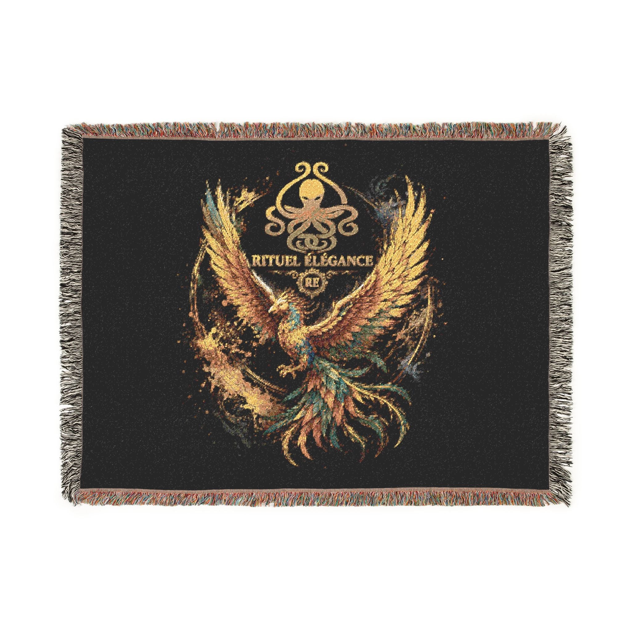 Phoenix Emblem Rituel élégance Woven Blanket — Vintage Gold & Jewel-Tone Tribal Throw