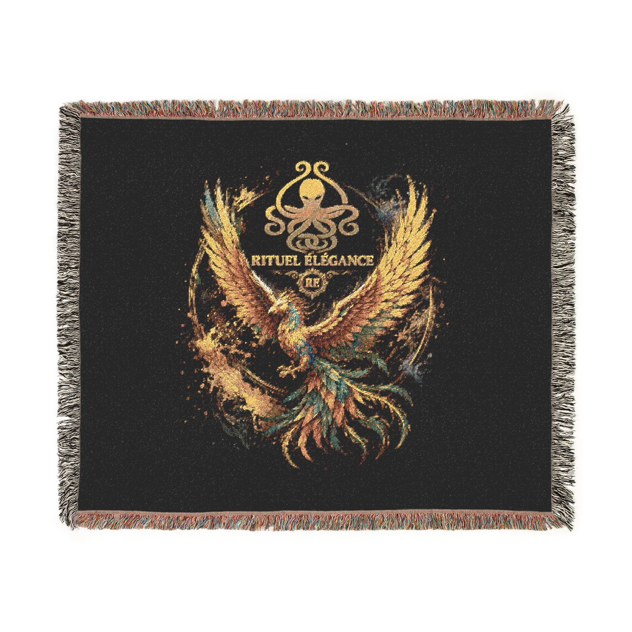 Phoenix Emblem Rituel élégance Woven Blanket — Vintage Gold & Jewel-Tone Tribal Throw