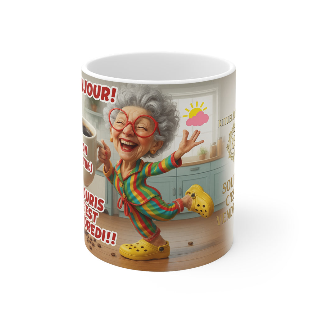 Ceramic Mug. — "Souris c'est Vendredi!" Funny Retro Grandma Coffee Cup