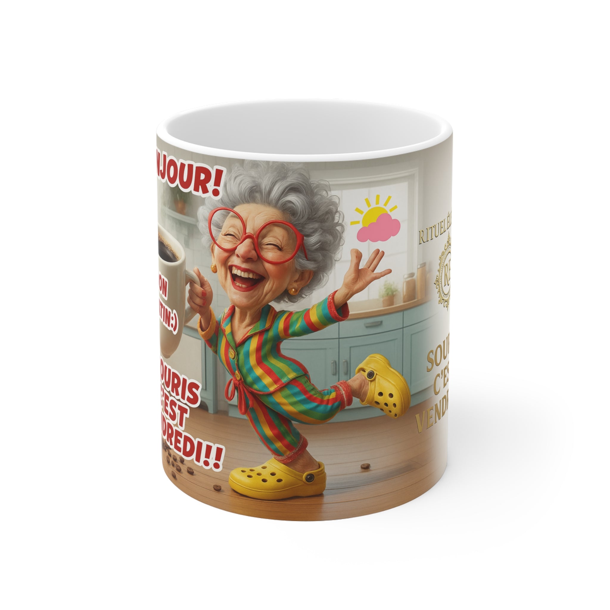 Ceramic Mug. — "Souris c'est Vendredi!" Funny Retro Grandma Coffee Cup