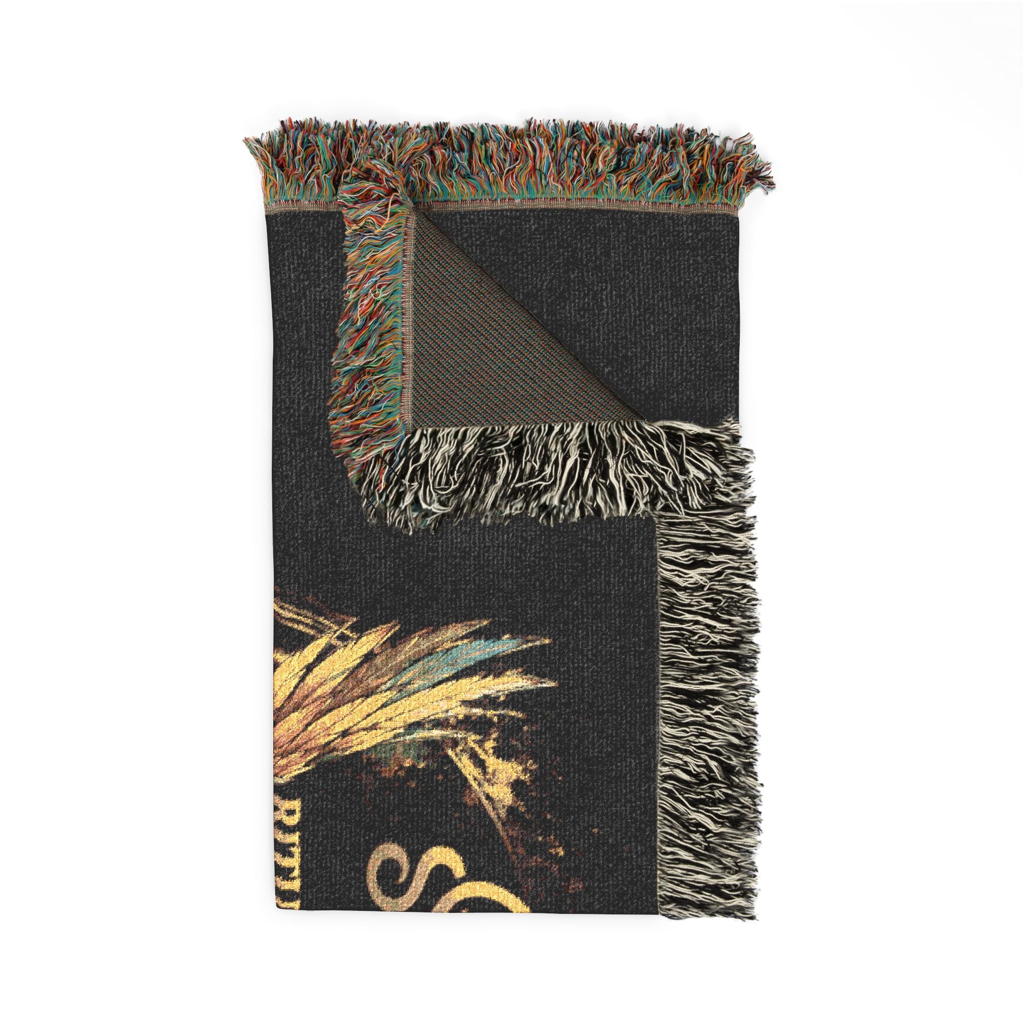 Phoenix Emblem Rituel élégance Woven Blanket — Vintage Gold & Jewel-Tone Tribal Throw