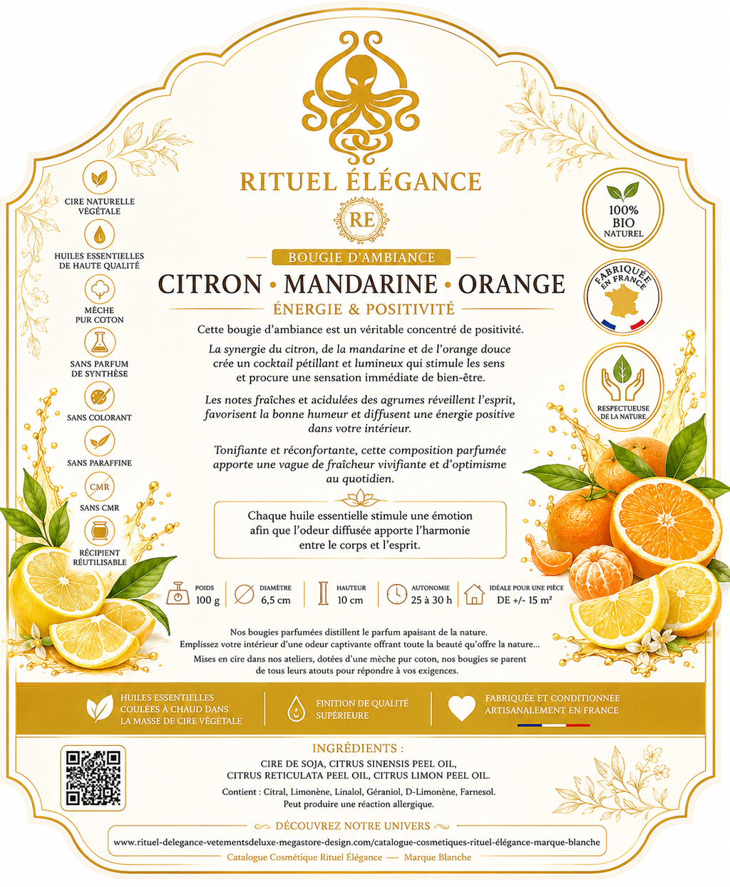 Bougie d'ambiance – Citron, Mandarine & Orange 100% bio Fabriqué en France de la Marque Rituel élégance lot de 20
