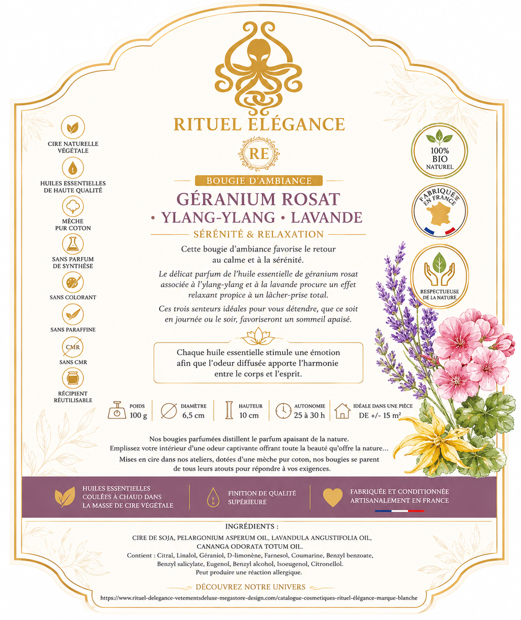 Bougie d'ambiance – Géranium rosat, Ylang-ylang & Lavande 100% bio Fabriqué en France de la Marque Rituel élégance lot de 20