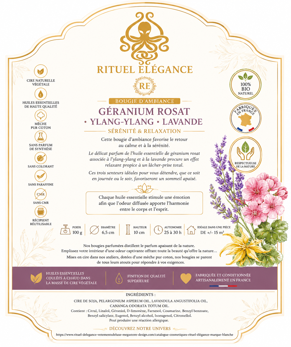 Bougie d'ambiance – Géranium rosat, Ylang-ylang & Lavande 100% bio Fabriqué en France de la Marque Rituel élégance lot de 20