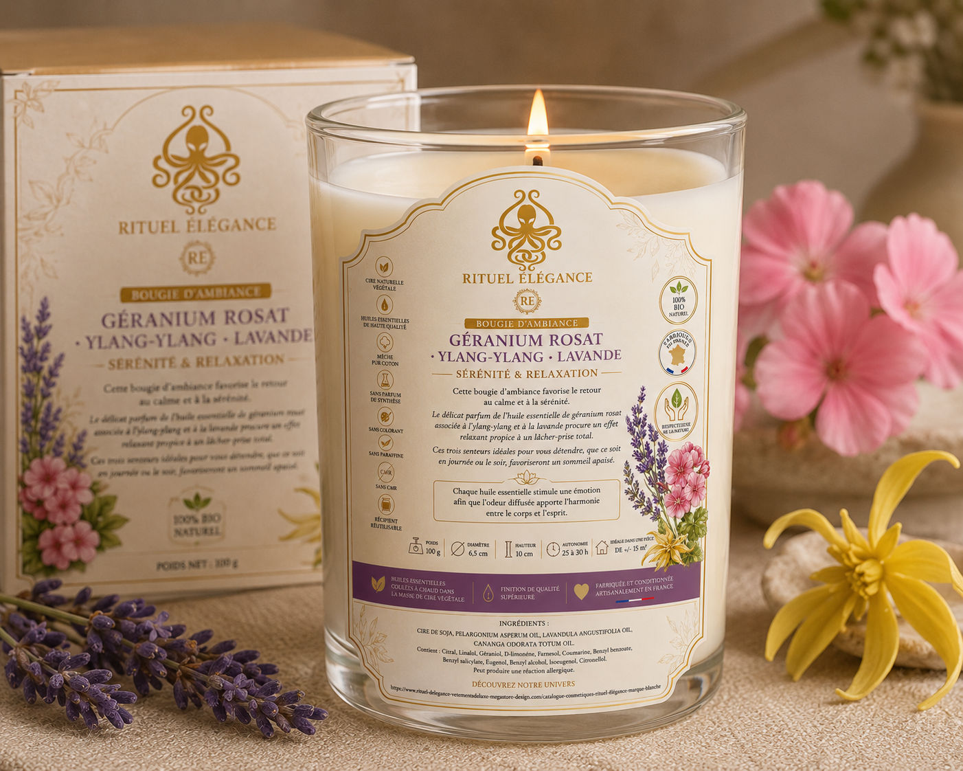 Bougie d'ambiance – Géranium rosat, Ylang-ylang & Lavande 100% bio Fabriqué en France de la Marque Rituel élégance lot de 20