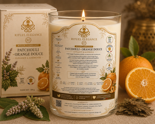 Bougie d’ambiance Patchouli & Orange – Rituel Élégance | 100% Bio | Fabriqué en France | Lot de 20