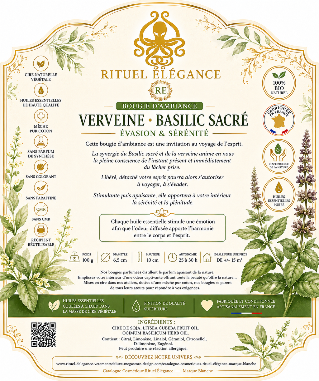 Bougie d'ambiance – Verveine & Basilic Sacré 100% bio Fabriqué en France de la Marque Rituel élégance lot de 20