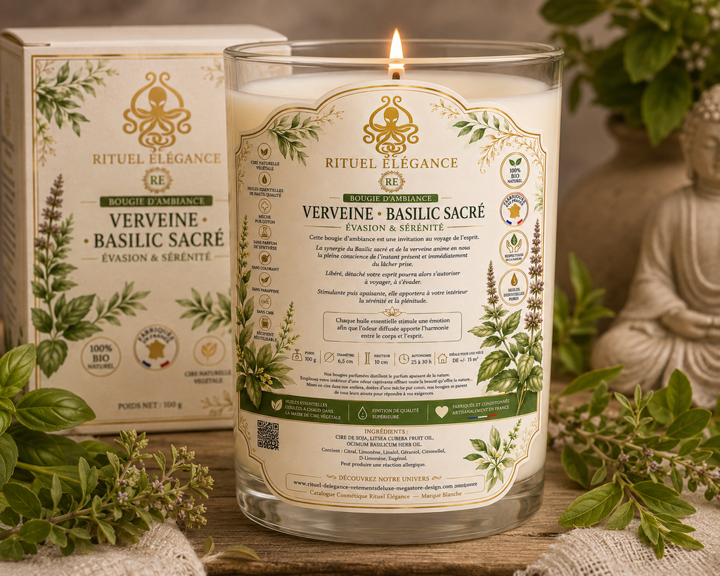 Bougie d'ambiance – Verveine & Basilic Sacré 100% bio Fabriqué en France de la Marque Rituel élégance lot de 20