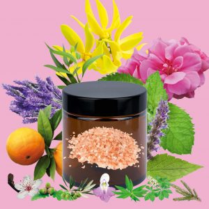 Sels de bain – Lavande, Menthe poivrée, Eucalyptus, Mandarine rouge, Géranium rosat, Ylang-ylang, Patchouli & Fleurs de Bach