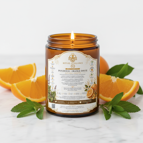 Bougie Patchouli Orange avec étiquette Rituel Élégance sur pot ambré
