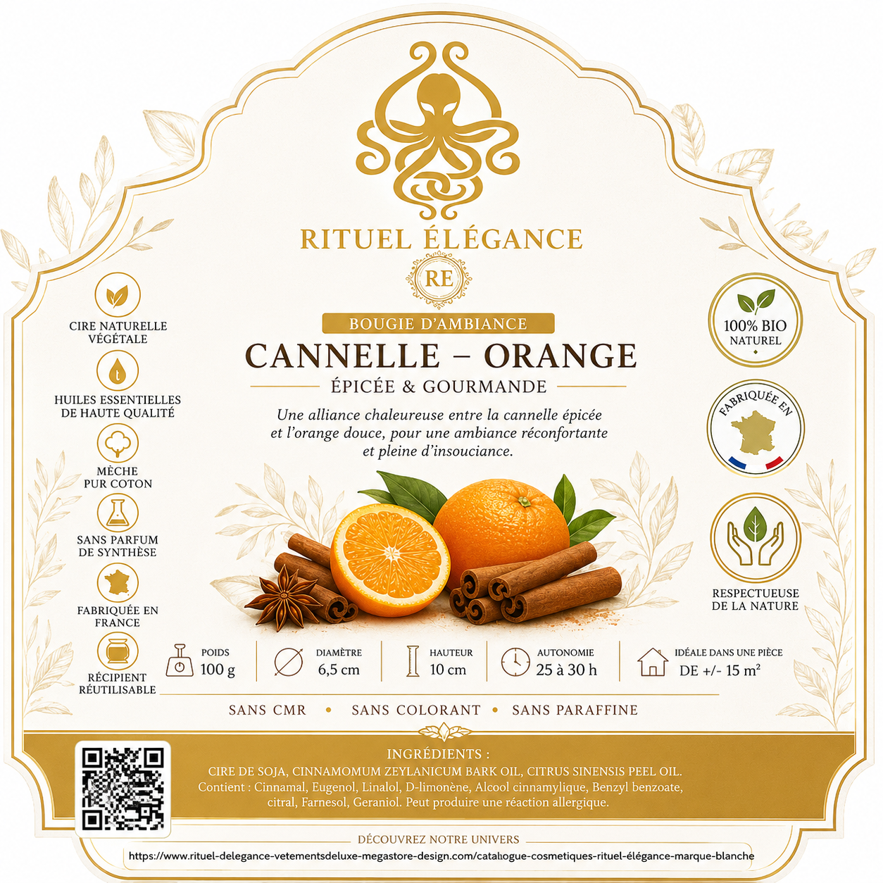 Bougie d'ambiance – Cannelle & Orange 100% bio Fabriqué en France de la Marque Rituel élégance lot de 20