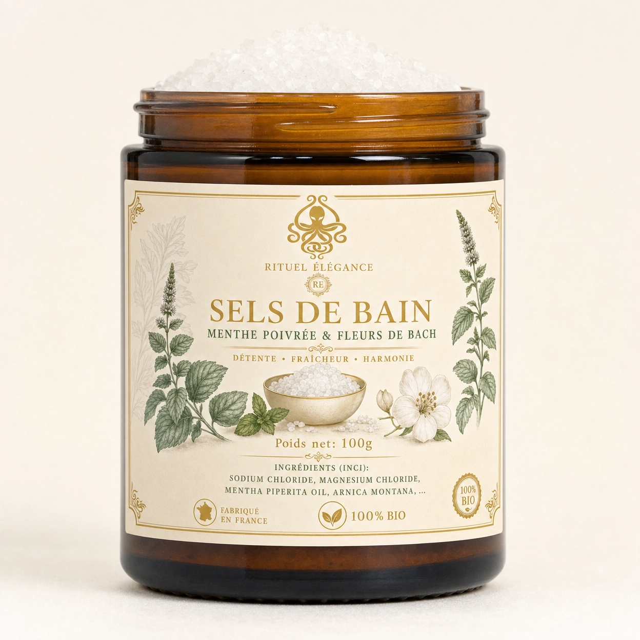 Sels de bain – Menthe poivrée & Fleurs de Bach